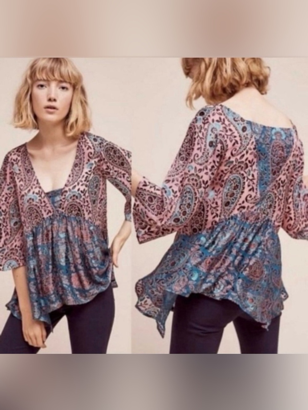 Floreat Anthropologie Velvet Burnout Top Sheer Paisley Boho Blouse